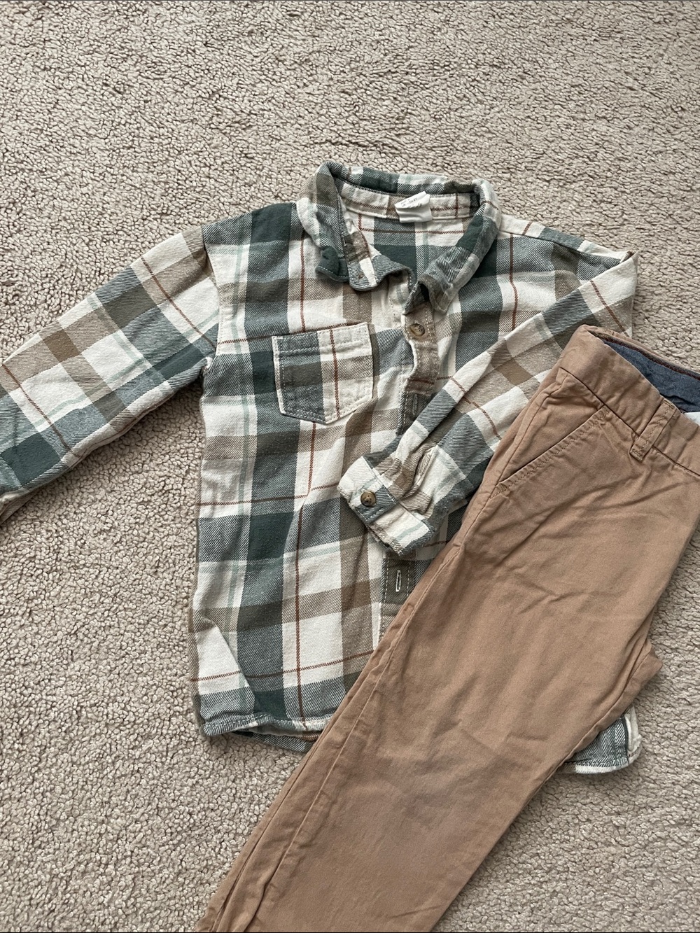 H&M Green Plaid Shirt and Brown Pants Kids Matching Set